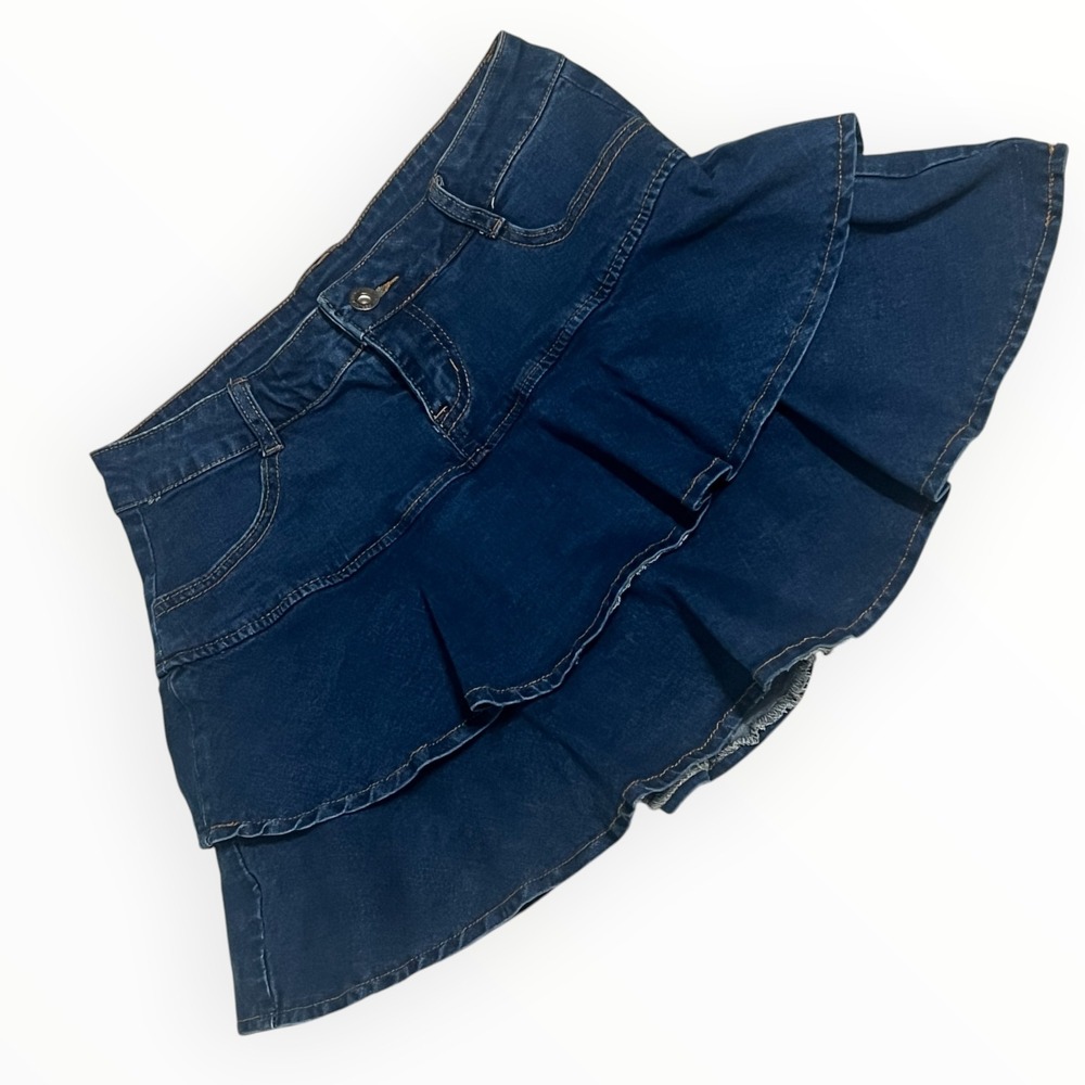 Y2K Denim Ruffle Skort Women's M Micro Mini Low Rise Tiered Skirt Schoolgirl - Picture 2 of 9